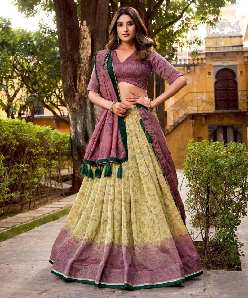 cream art silk printed lehenga choli