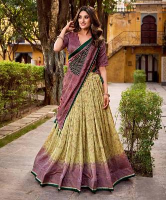 cream art silk printed lehenga choli 2