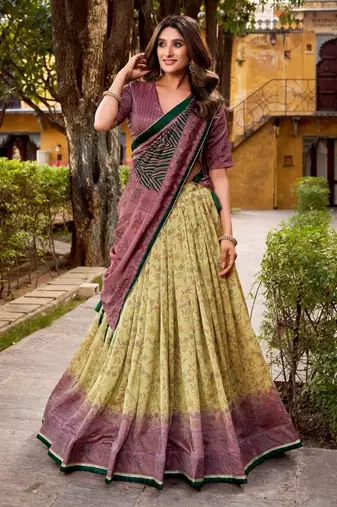cream art silk printed lehenga choli