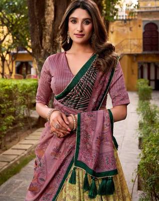 cream art silk printed lehenga choli 3