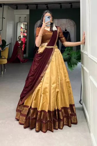 beige art silk printed lehenga choli