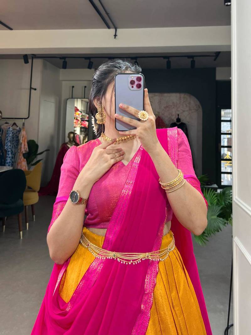 yellow art silk printed lehenga choli