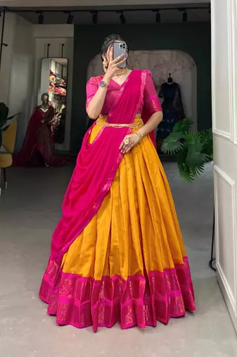 yellow art silk printed lehenga choli