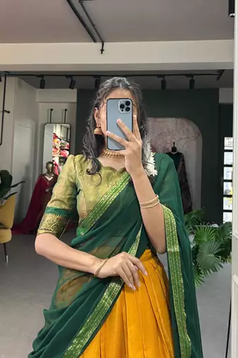 yellow art silk printed lehenga choli