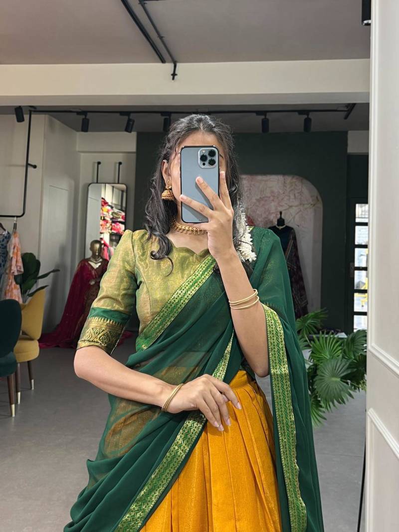 yellow art silk printed lehenga choli