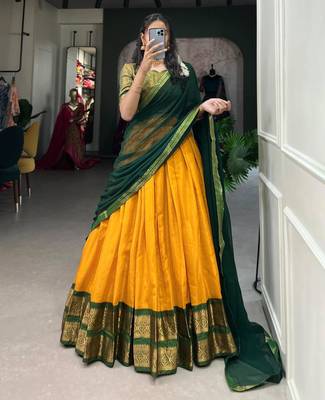 yellow art silk printed lehenga choli 2