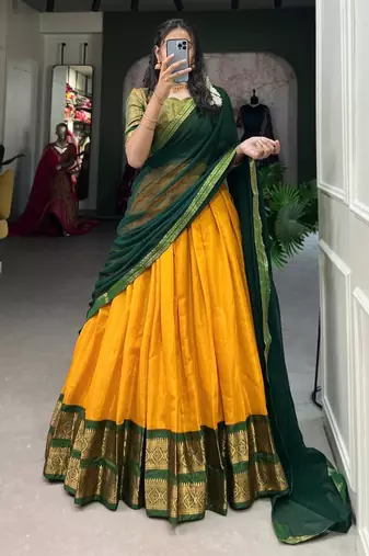 yellow art silk printed lehenga choli