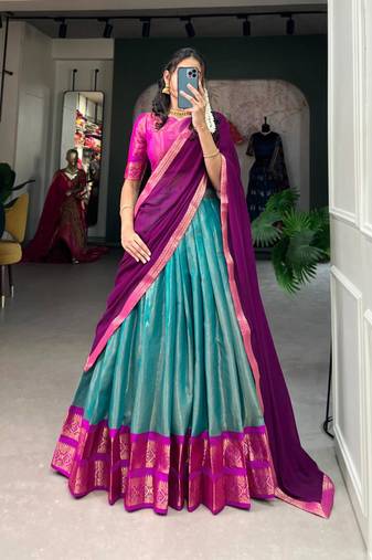 teal art silk printed lehenga choli
