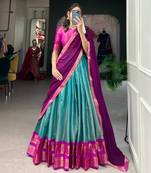 teal art silk printed lehenga choli