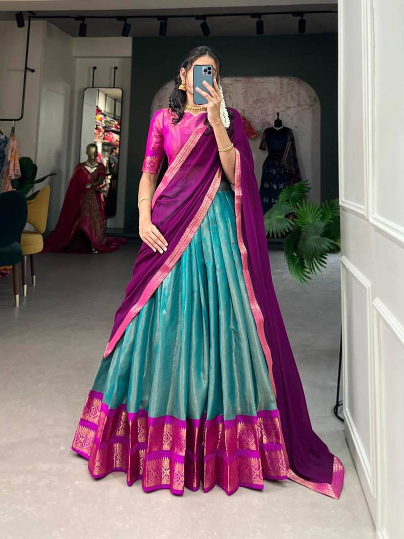 teal art silk printed lehenga choli