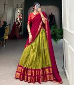 olive art silk printed lehenga choli