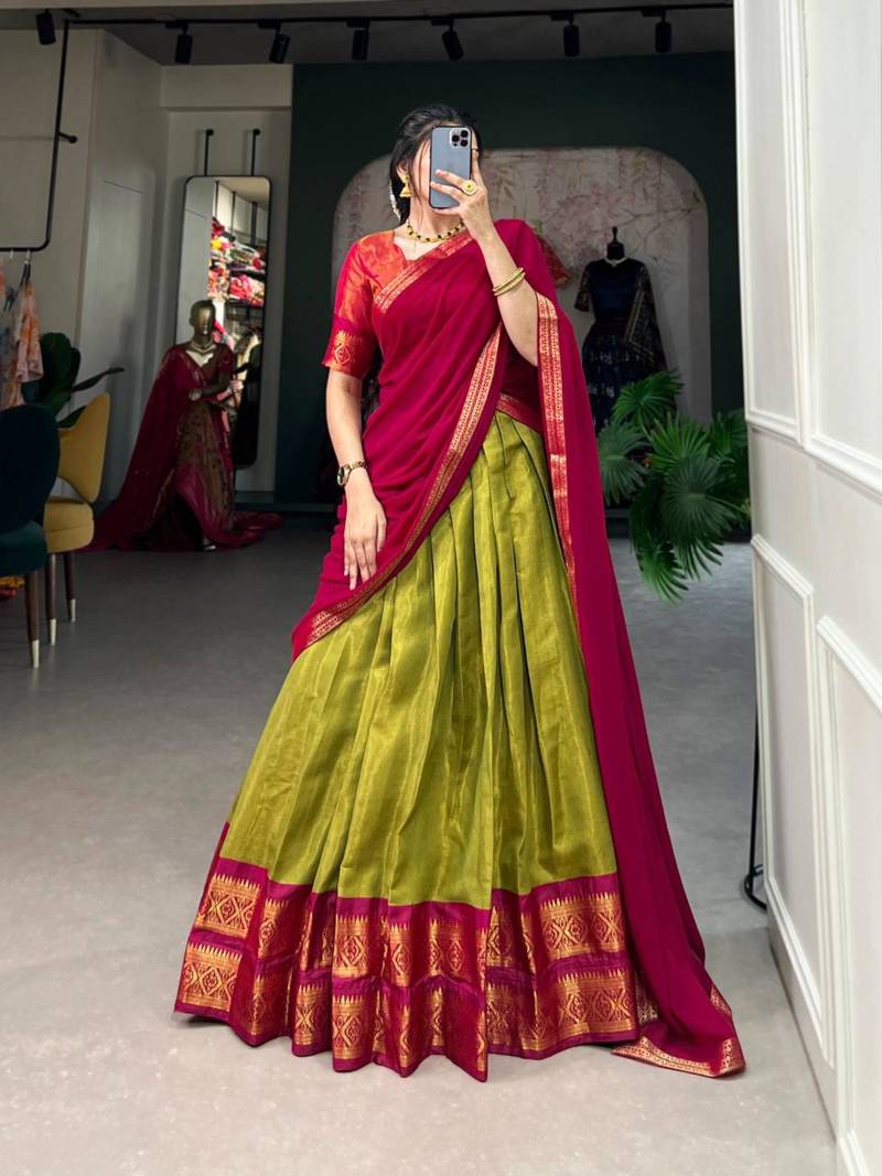 olive art silk printed lehenga choli