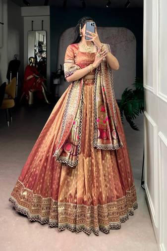 peach organza printed lehenga choli
