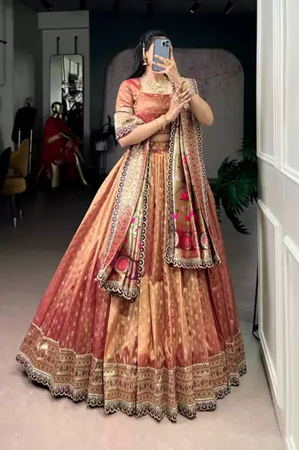 peach organza printed lehenga choli
