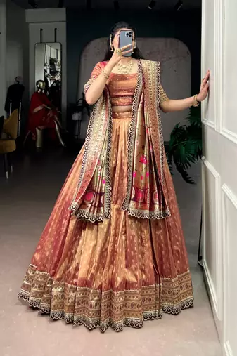peach organza printed lehenga choli
