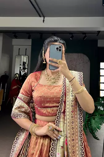peach organza printed lehenga choli