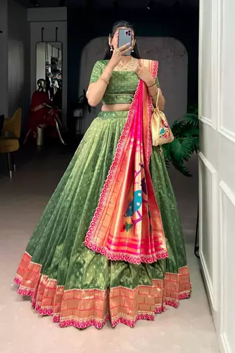 green organza printed lehenga choli
