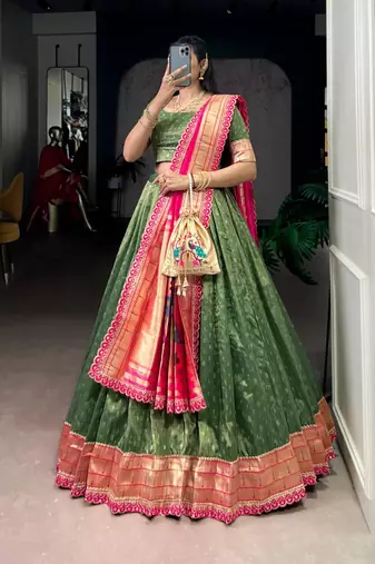 green organza printed lehenga choli
