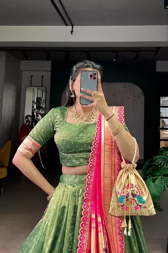 green organza printed lehenga choli