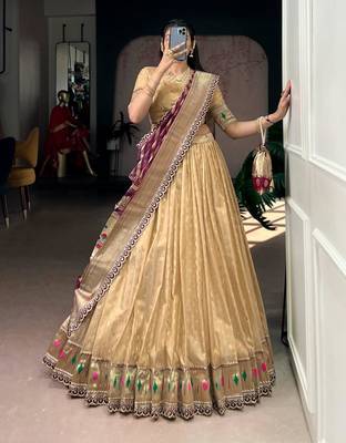 beige organza printed lehenga choli 1