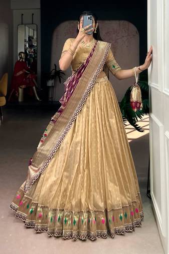 beige organza printed lehenga choli