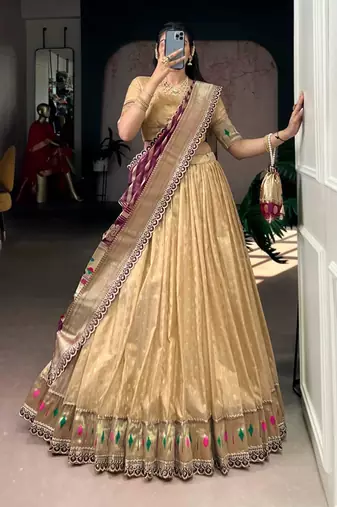 beige organza printed lehenga choli
