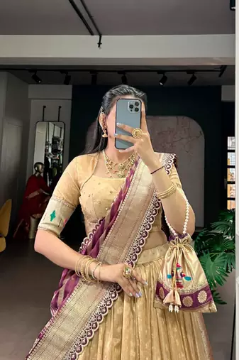 beige organza printed lehenga choli