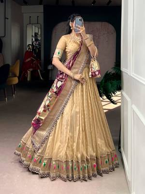 beige organza printed lehenga choli 3