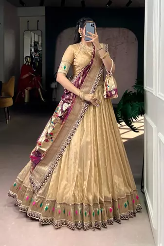 beige organza printed lehenga choli