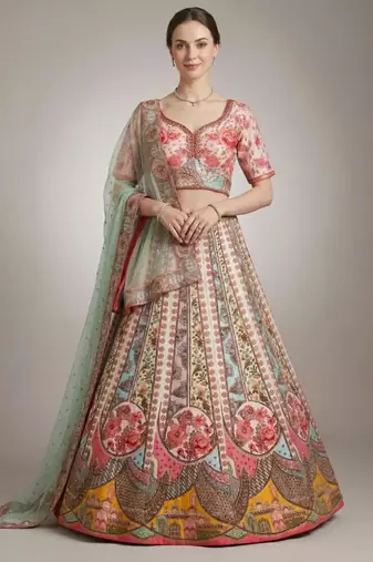 multicolor silk blend embroidered lehenga choli