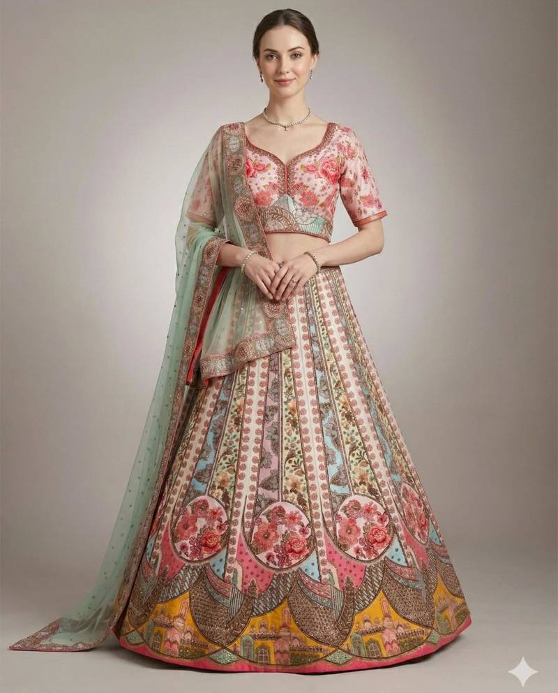 multicolor silk blend embroidered lehenga choli