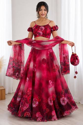 red organza printed lehenga choli with free size upto 40