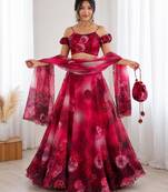 red organza printed lehenga choli