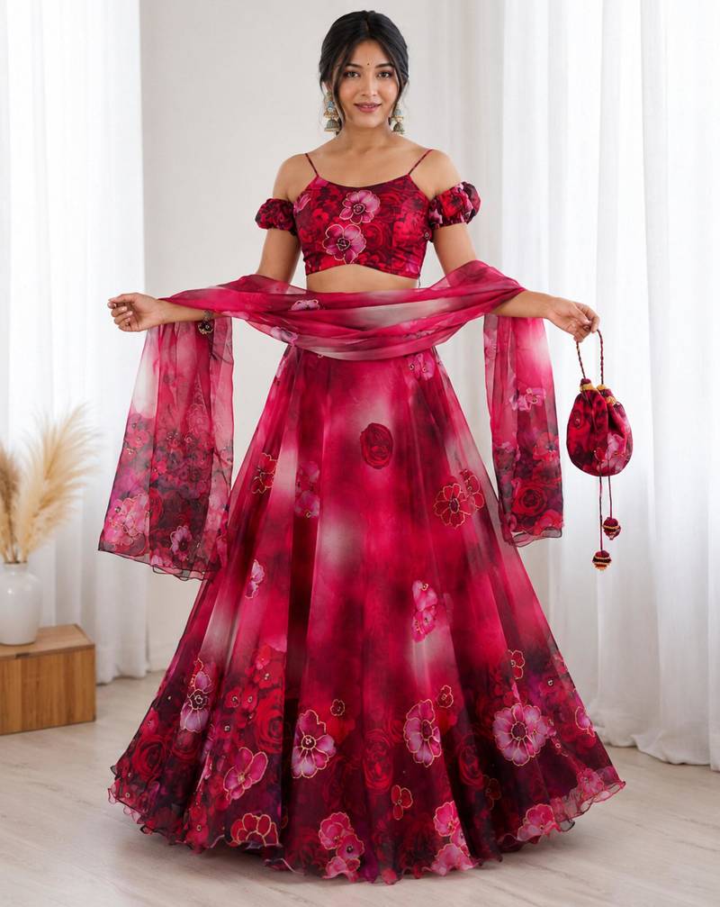 red organza printed lehenga choli