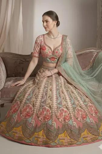 multicolor silk blend printed lehenga choli