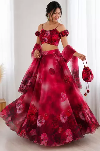red organza printed lehenga choli