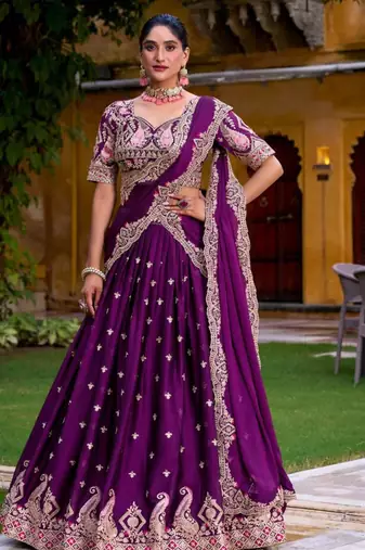 purple silk blend embroidered lehenga choli
