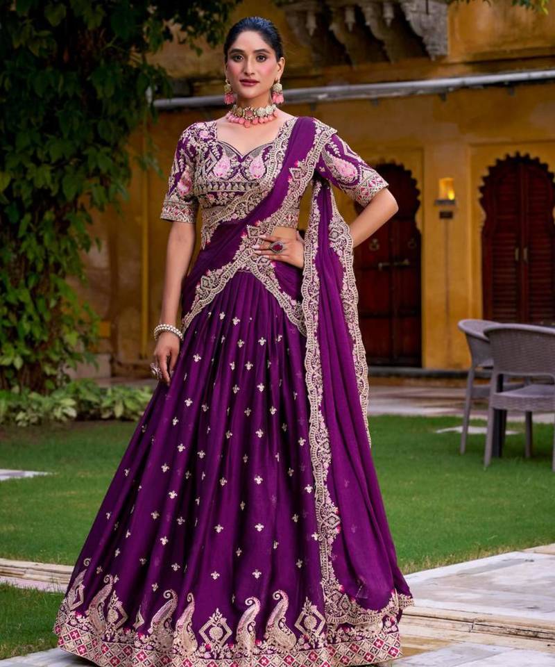 purple silk blend embroidered lehenga choli