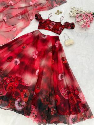 red organza printed lehenga choli 3