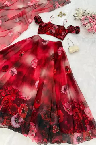 red organza printed lehenga choli