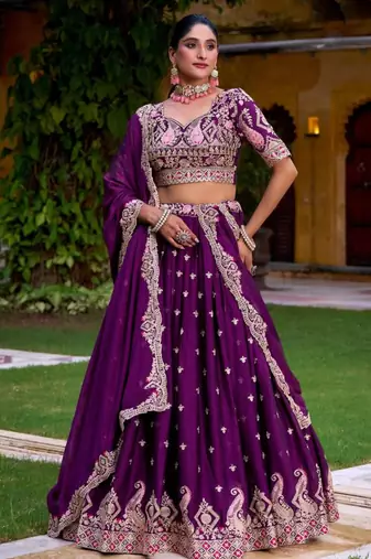 purple silk blend embroidered lehenga choli