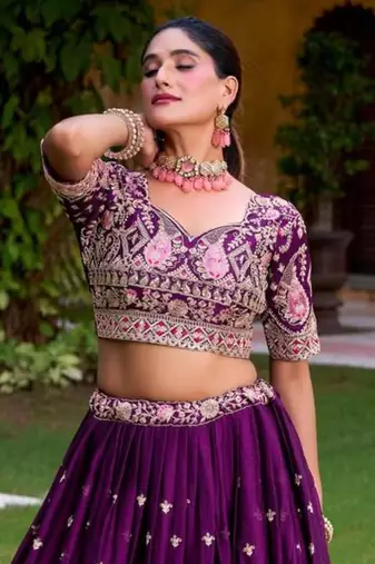 purple silk blend embroidered lehenga choli