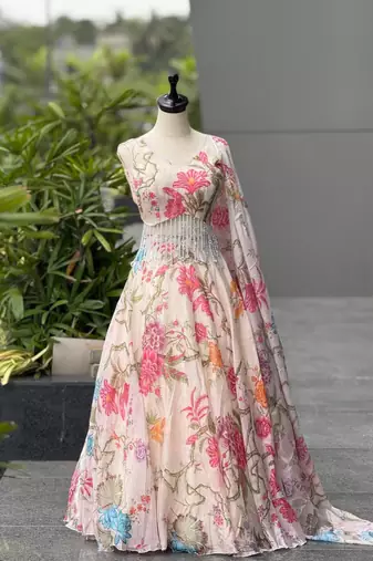 cream organza printed lehenga choli