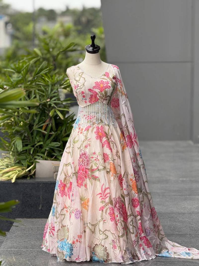 cream organza printed lehenga choli