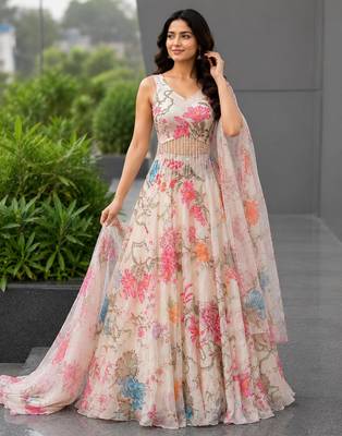 cream organza printed lehenga choli with free size upto 40 3