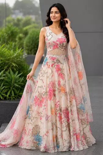cream organza printed lehenga choli