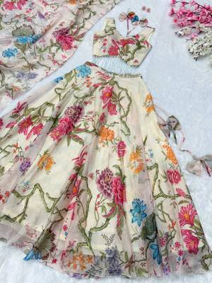 cream organza printed lehenga choli with free size upto 40 4