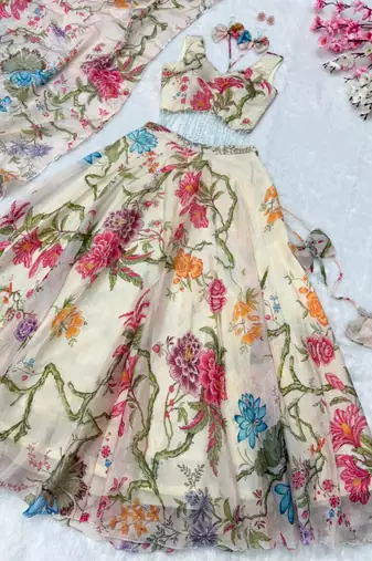 cream organza printed lehenga choli