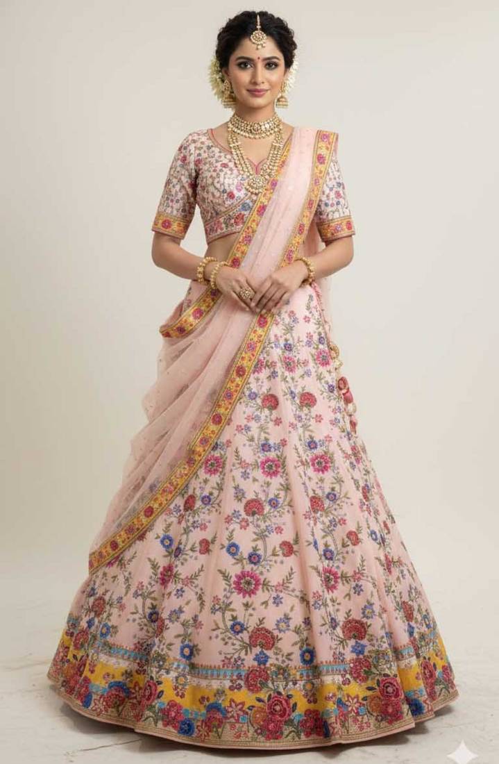 peach silk blend printed lehenga choli