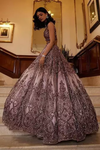pink net embroidered lehenga choli